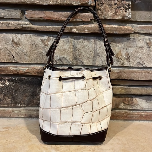 Dooney & Bourke Denison Tasha Drawstring Croc Embossed Cream Leather Bucket Bag - Picture 7 of 14